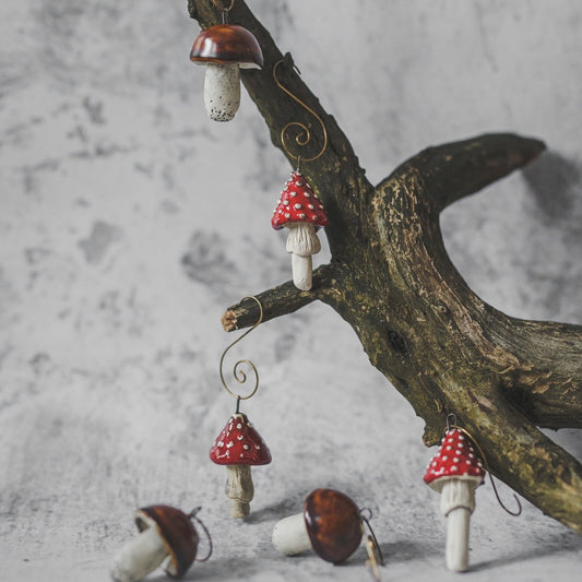 Christmas ornament set of six brown boletus and red amanita mushrooms. Packed in a gift box with hooks.