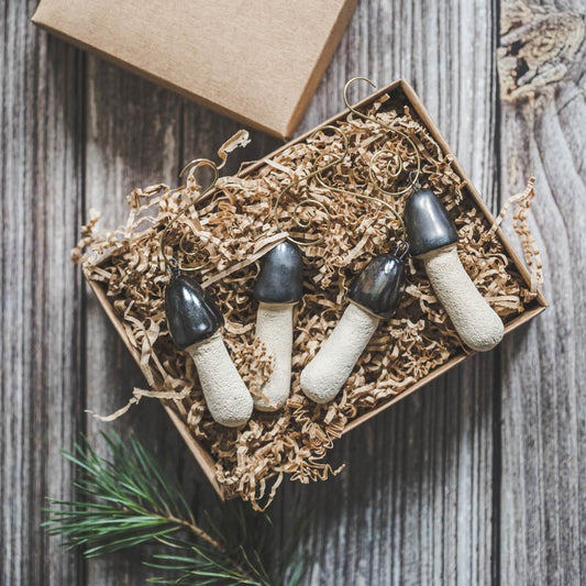 Christmas tree ornament set of four Stinkhorn mushrooms. Packed in a paper gift box.
