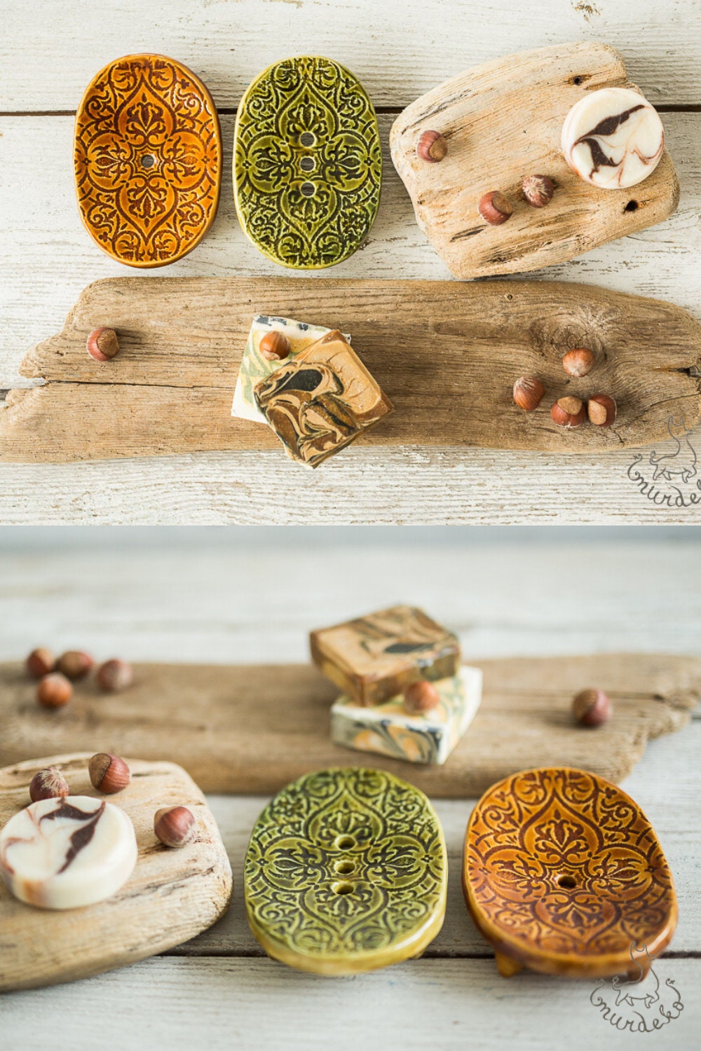 Green and brown soap dishes
