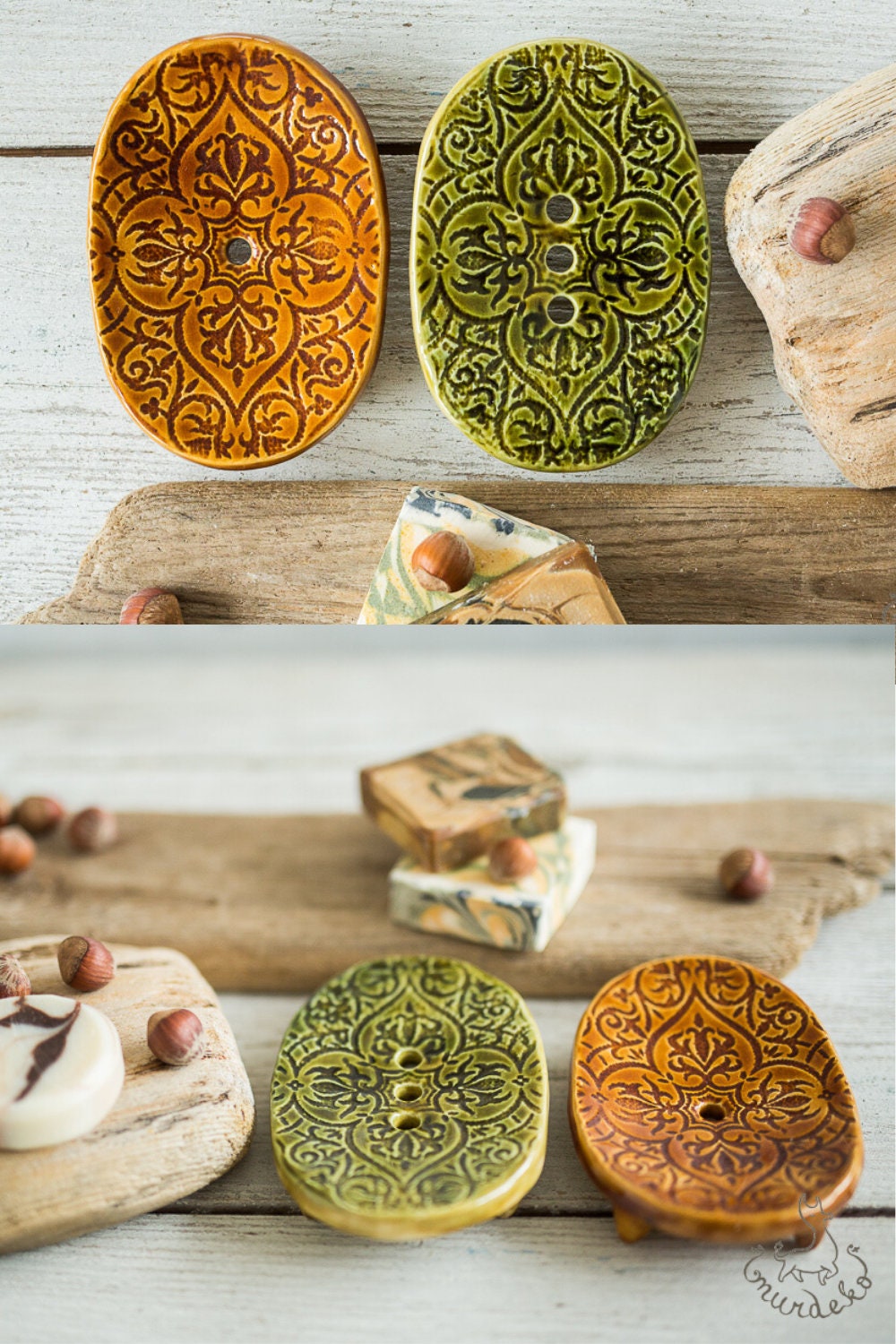 Green and brown soap dishes