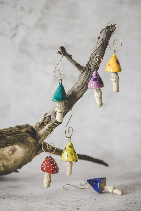 Ceramic mushrooms Christmas tree decoration set