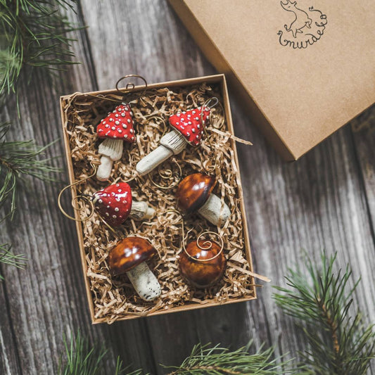 Christmas ornament set of six brown boletus and red amanita mushrooms. Packed in a gift box with hooks.