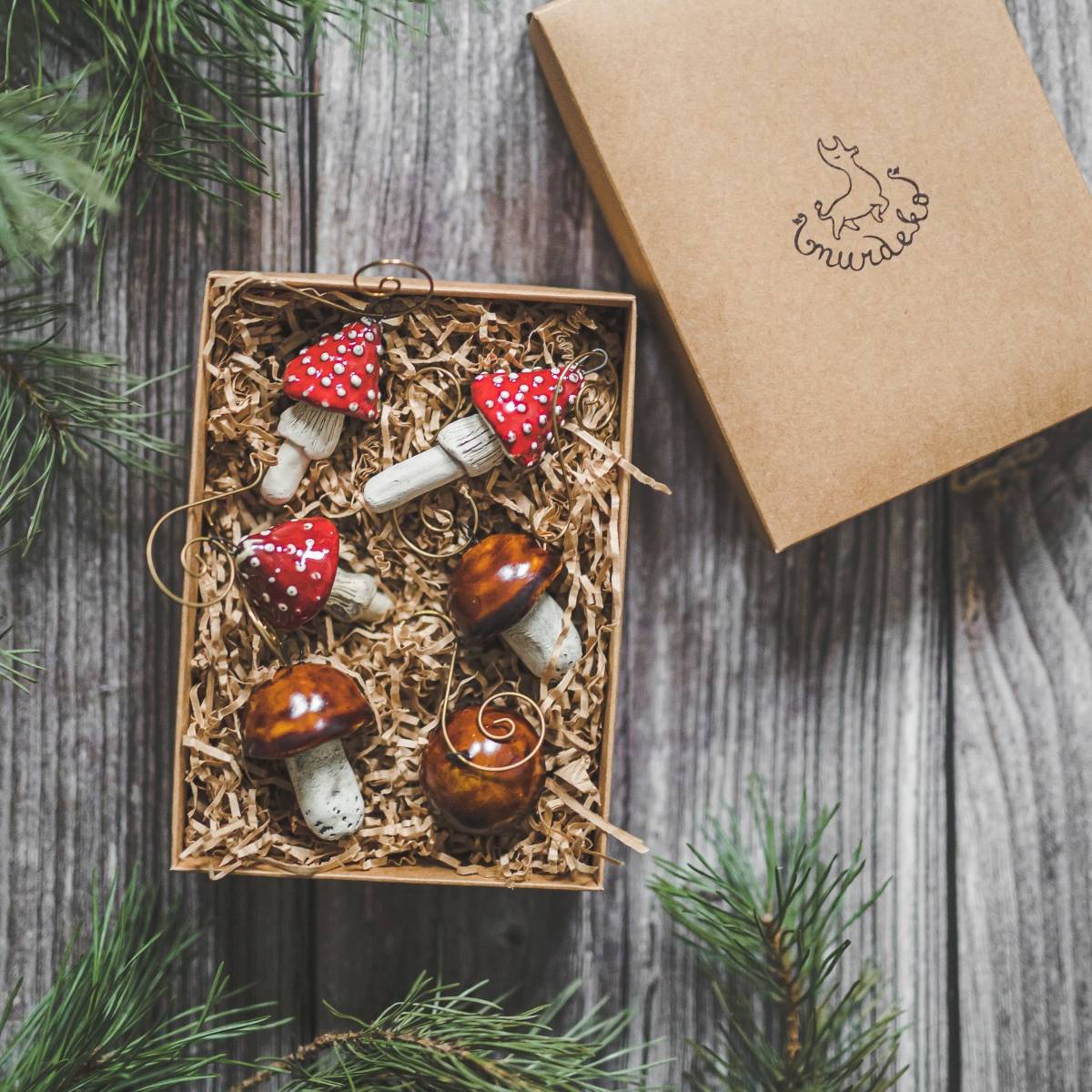 Christmas ornament set of six brown boletus and red amanita mushrooms. Packed in a gift box with hooks.