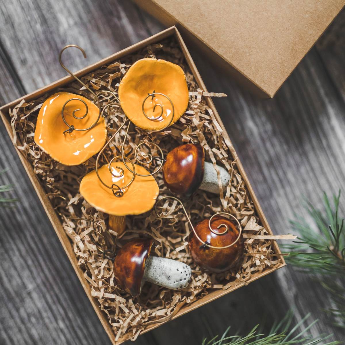Christmas ornament set of six brown boletus and orange chanterelle mushrooms. Packed in a gift box with hooks.