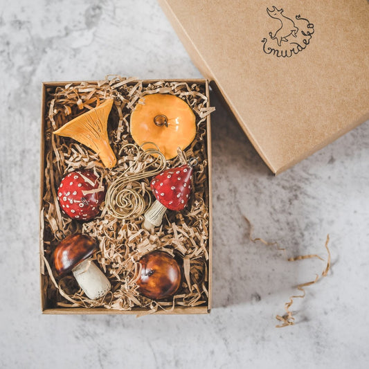 Christmas ornament set of 6 mushrooms: boletus, amanita and chanterelle. Packed in a gift box with hooks.