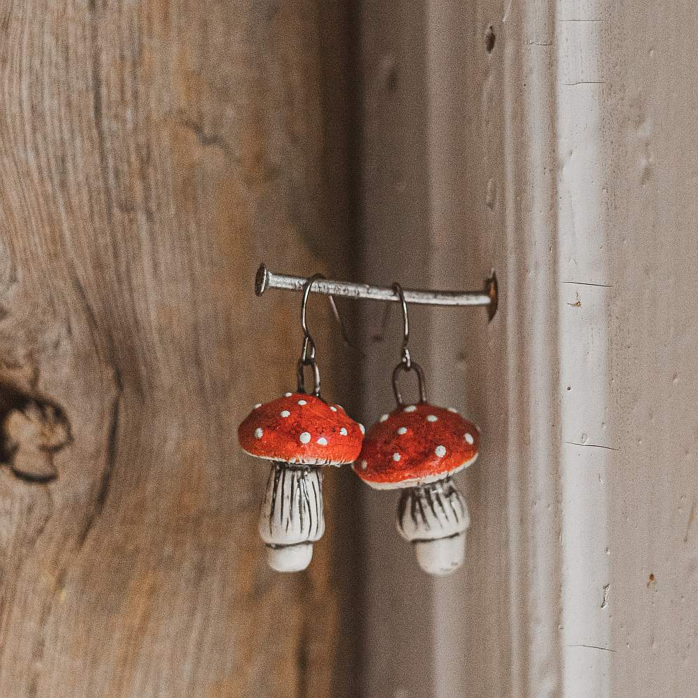 amanita ceramic mushroom earrings