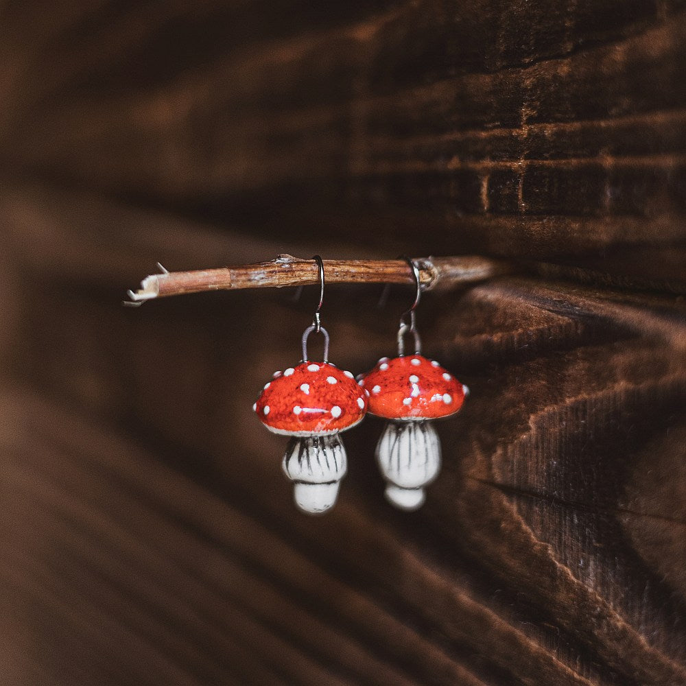 amanita ceramic mushroom earrings