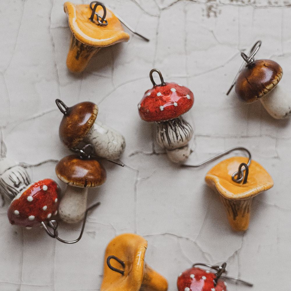 ceramic mushroom earrings: boletus, amanita, chanterelle
