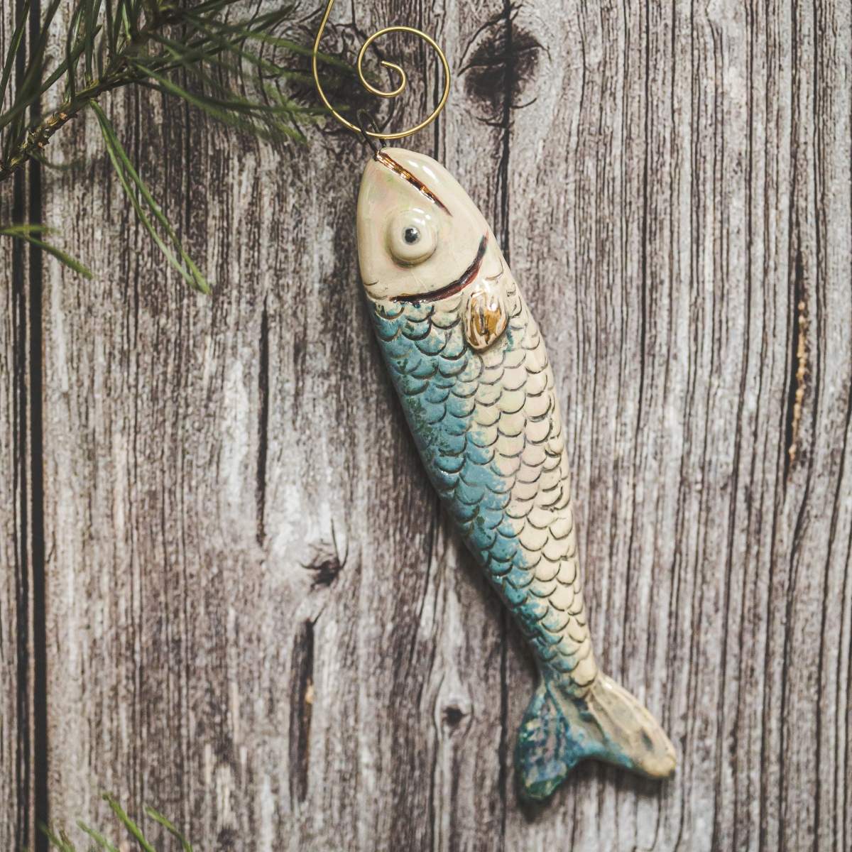 Ceramic Christmas tree decoration fish, hand made salmon Christmas ornament with hook.