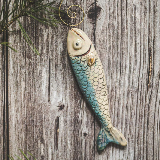 Ceramic Christmas tree decoration fish, hand made salmon Christmas ornament with hook.