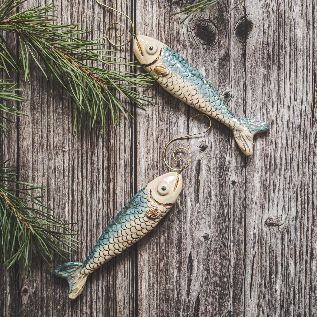 Ceramic Christmas tree decoration fish, hand made salmon Christmas ornament with hook.
