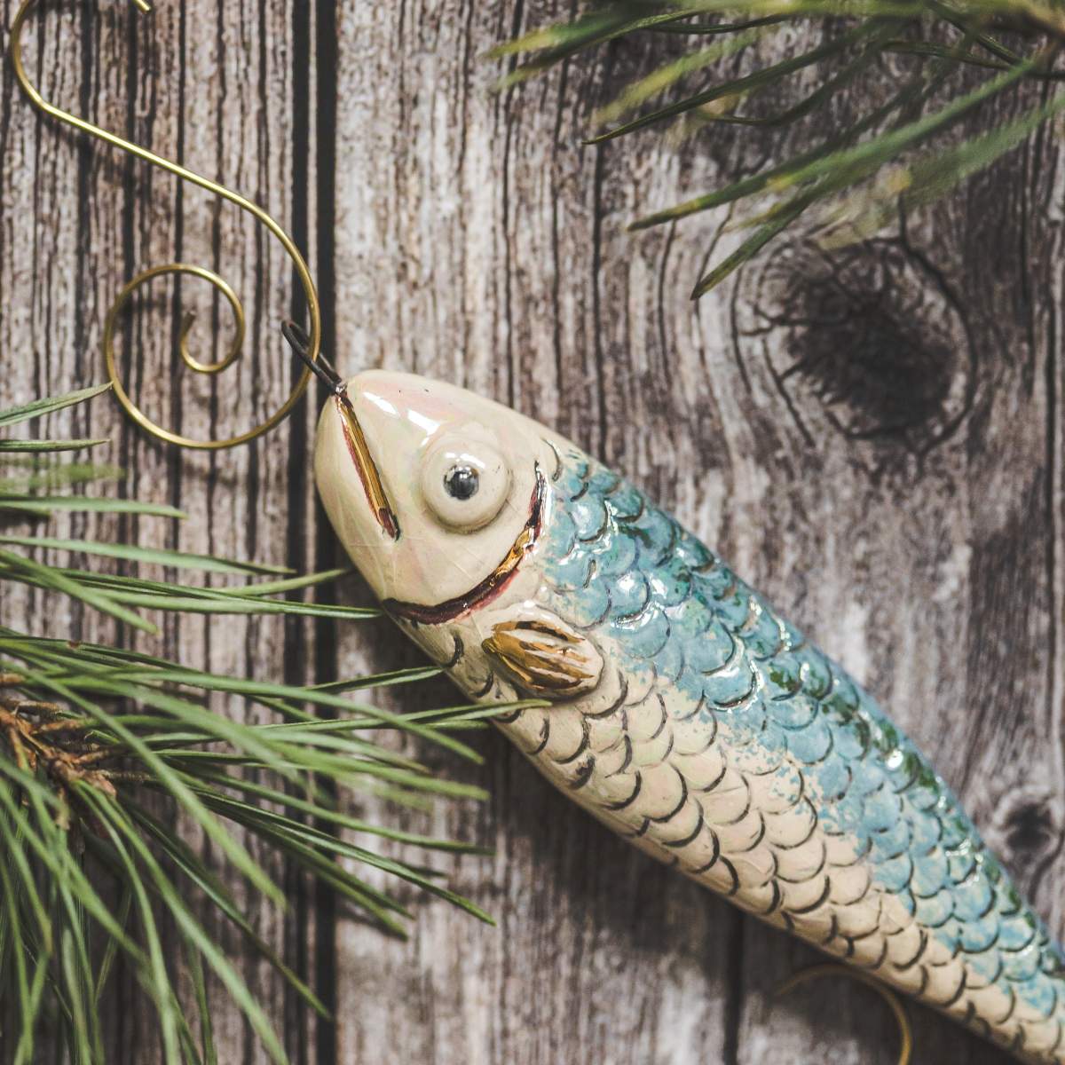 Ceramic Christmas tree decoration fish, hand made salmon Christmas ornament with hook.