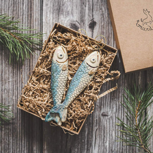 Ceramic Christmas tree decoration fish, hand made salmon Christmas ornament with hook.