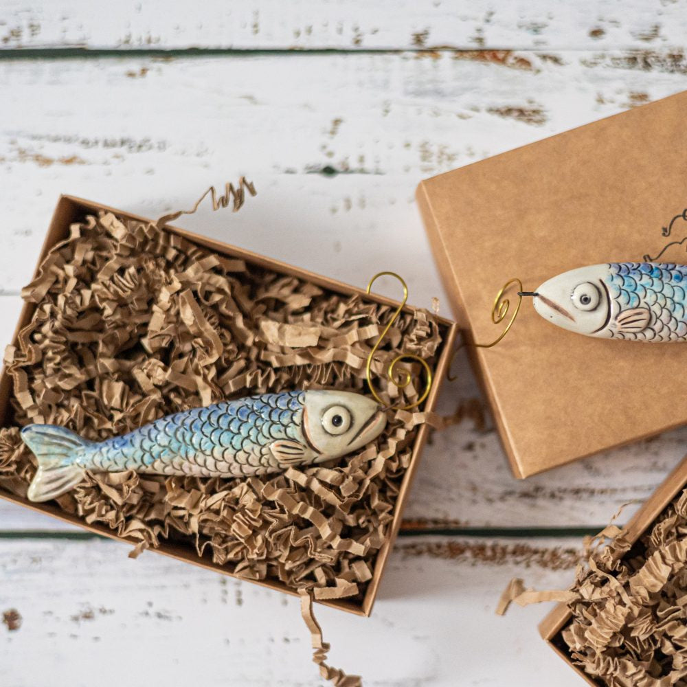 Ceramic Christmas tree decoration fish, hand made salmon Christmas ornament with hook.