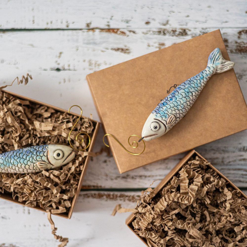 Ceramic Christmas tree decoration fish, hand made salmon Christmas ornament with hook.