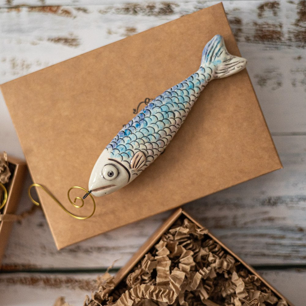 Ceramic Christmas tree decoration fish, hand made salmon Christmas ornament with hook.