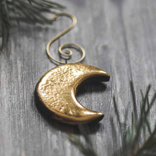 Gold plated ceramic moon Christmas ornament. Young moon Lunar Christmas decoration gift with hook.