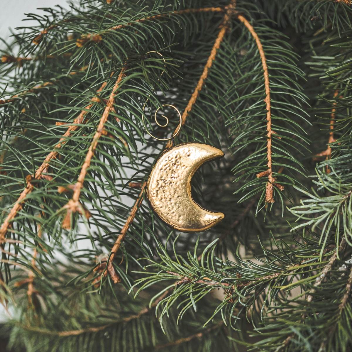Gold plated ceramic moon Christmas ornament. Young moon Lunar Christmas decoration gift with hook.