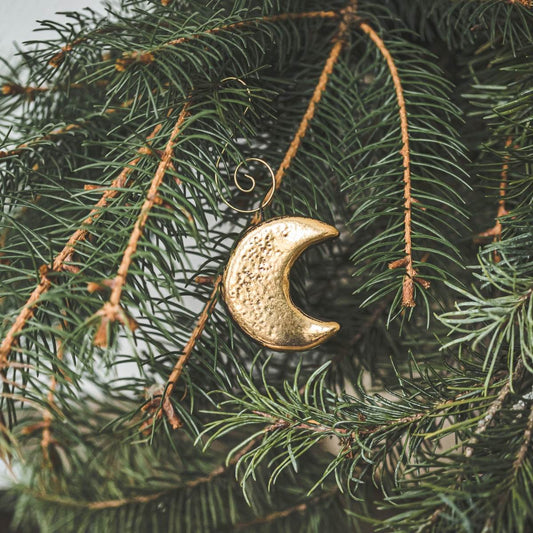 Gold plated ceramic moon Christmas ornament. Young moon Lunar Christmas decoration gift with hook.
