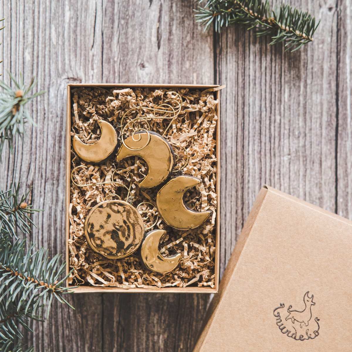 Gold plated ceramic moon phases Christmas ornament set of five: Full moon, young moon, old moon. Lunar Christmas decoration gift with hooks.