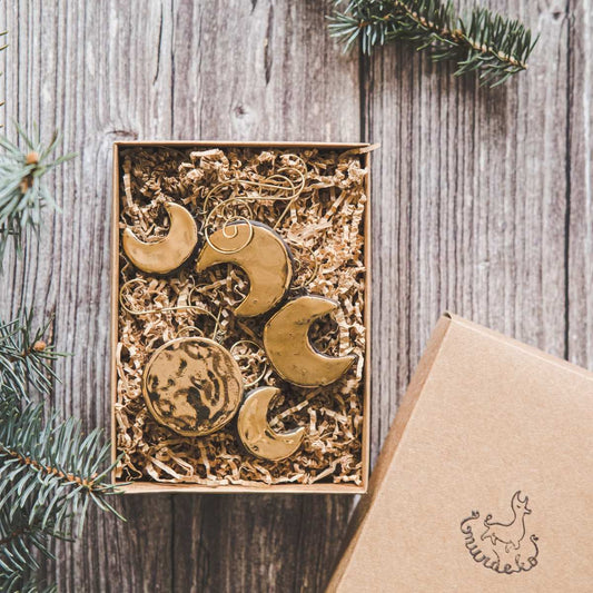 Gold plated ceramic moon phases Christmas ornament set of five: Full moon, young moon, old moon. Lunar Christmas decoration gift with hooks.