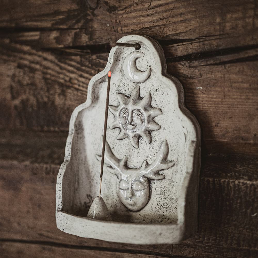 Hanging ceramic incense holder with the moon, sun and mystic creature