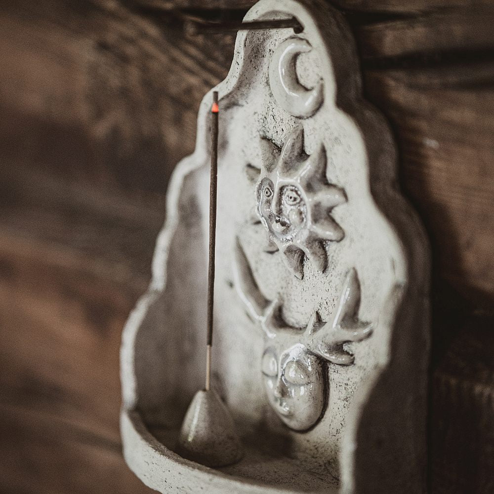 Hanging ceramic incense holder with the moon, sun and mystic creature
