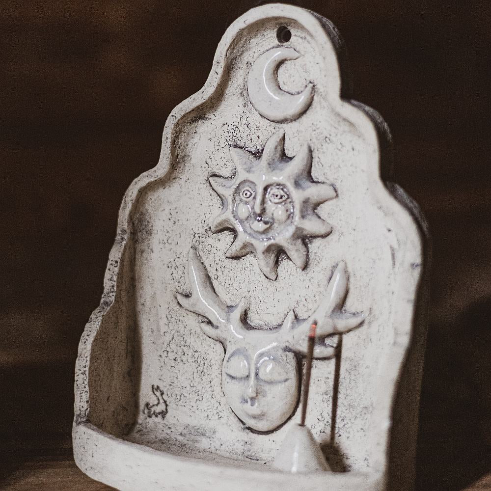 Hanging ceramic incense holder with the moon, sun and mystic creature