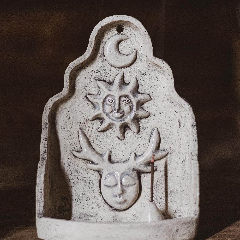 Hanging ceramic incense holder with the moon, sun and mystic creature