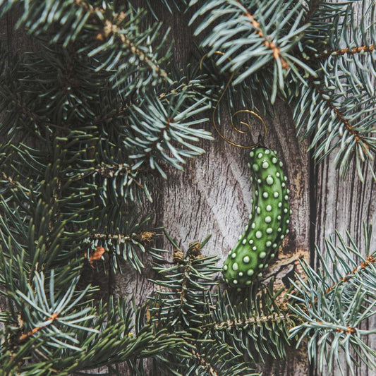 Ceramic Christmas tree pickle ornament, german cucumber holiday decoration with hook.