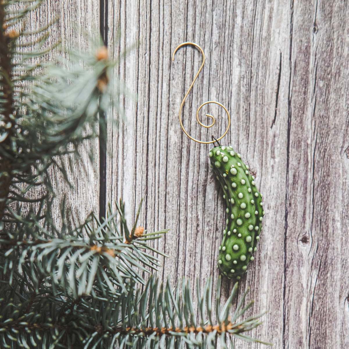 Ceramic Christmas tree pickle ornament, German cucumber holiday decoration with hook.