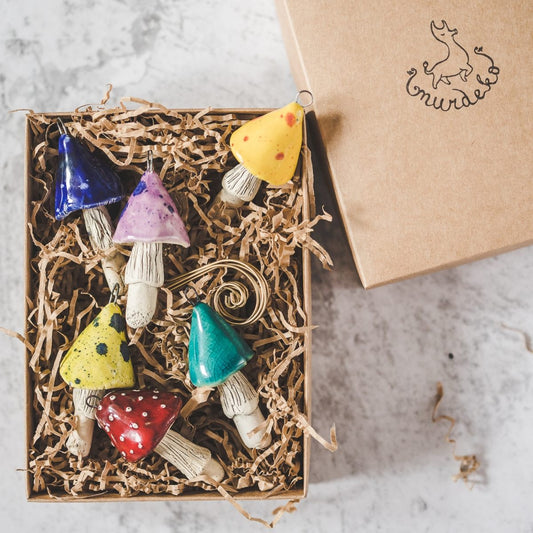 Christmas ornament set of 6 mushrooms: red, yellow, blue, purple. Packed in a gift box with hooks.