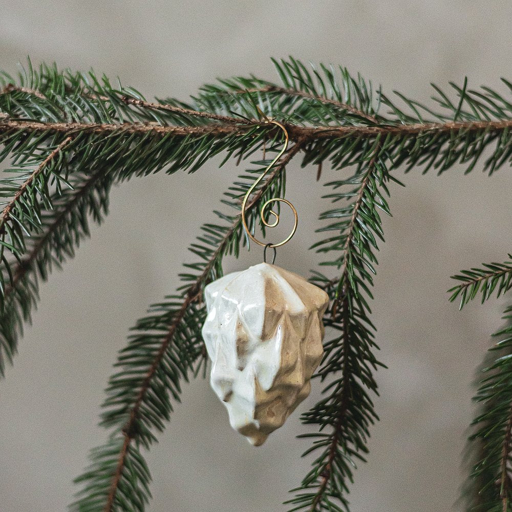 Ceramic white pine cone Christmas ornament with hook