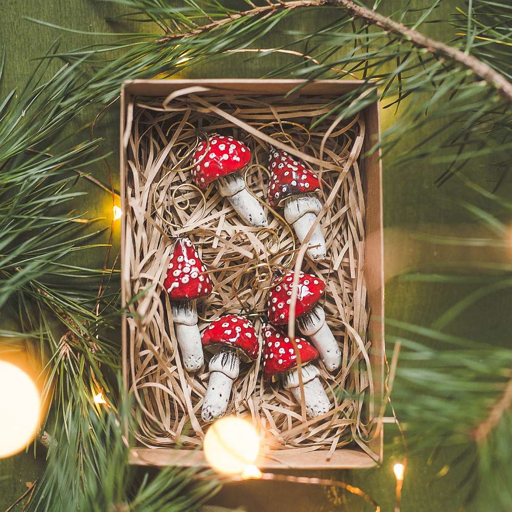 Christmas ornament set of six red amanita mushrooms. Packed in a gift box with hooks.