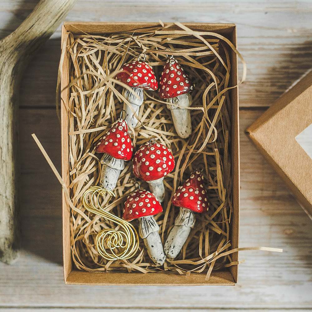 Christmas ornament set of six red amanita mushrooms. Packed in a gift box with hooks.