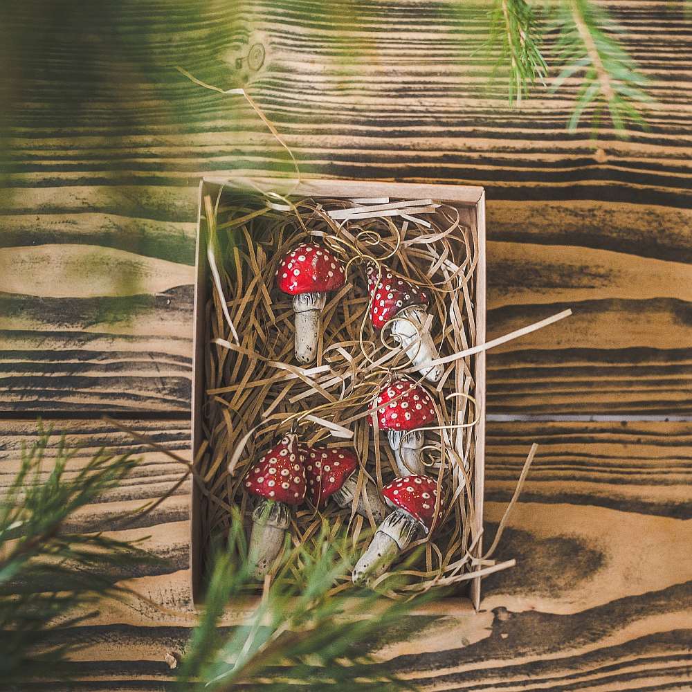 Christmas ornament set of six red amanita mushrooms. Packed in a gift box with hooks.
