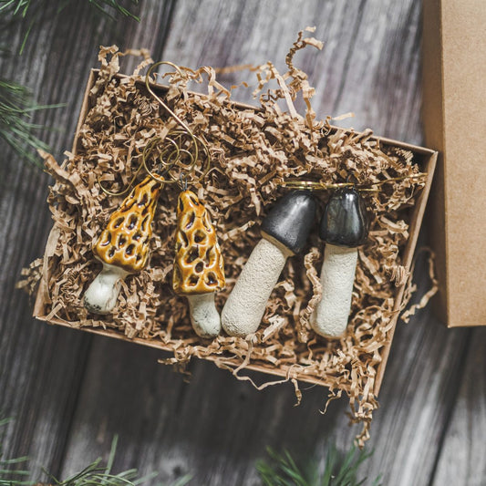 Set of four exclusive Christmas tree mushroom ornaments. Ceramic Stinkhorn and Morel mushrooms with hooks.