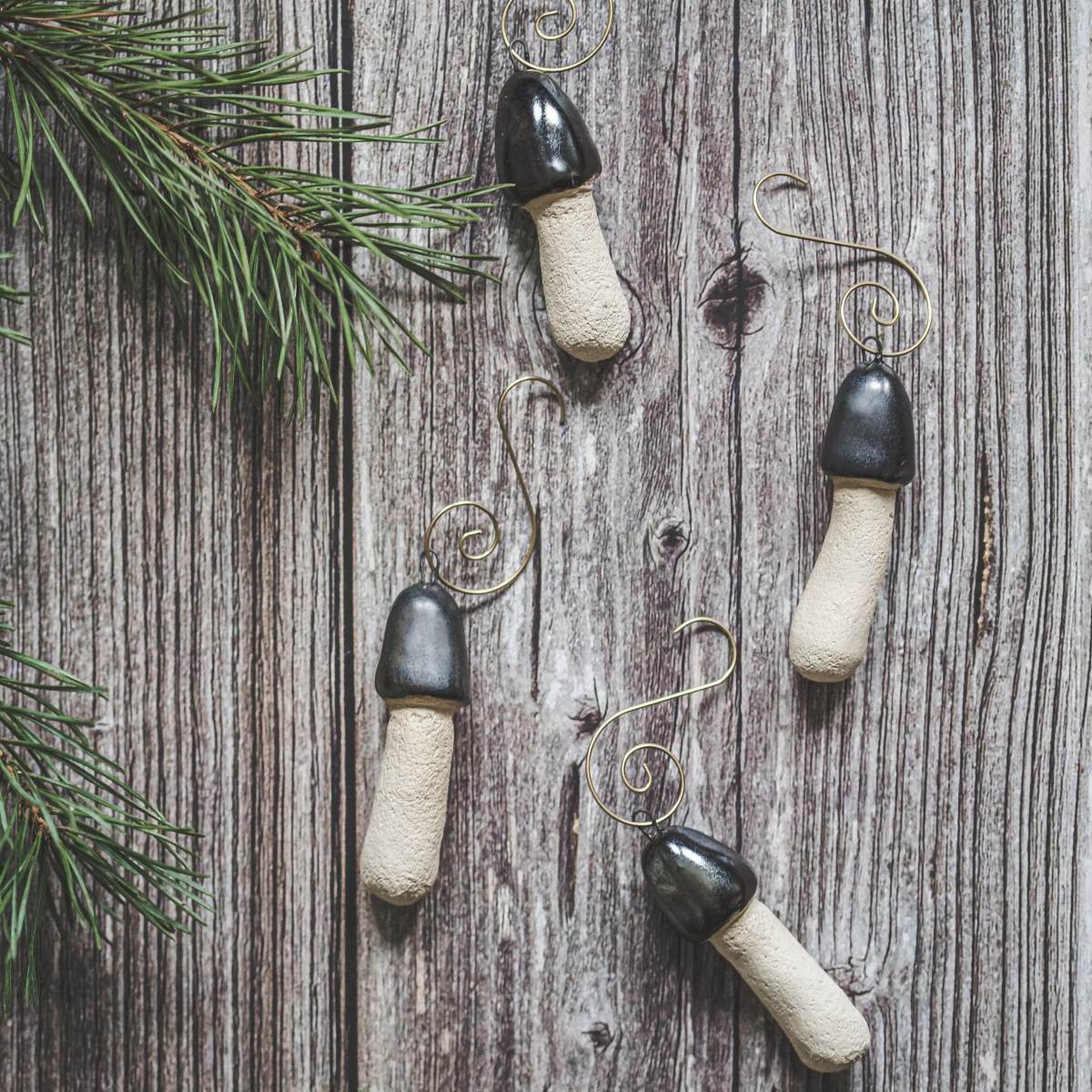 Christmas tree ornament set of four Stinkhorn mushrooms. Packed in a paper gift box.