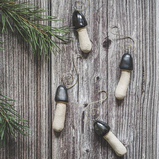 Christmas tree ornament set of four Stinkhorn mushrooms. Packed in a paper gift box.