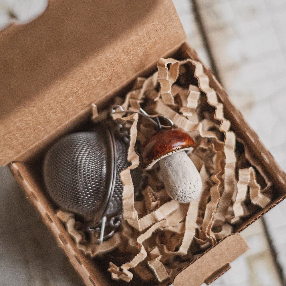 Tea infuser with ceramic boletus mushroom hanging from the chain. Packed in a paper gift box.