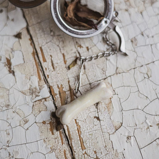 Tea infuser with white ceramic bone hanging from the chain
