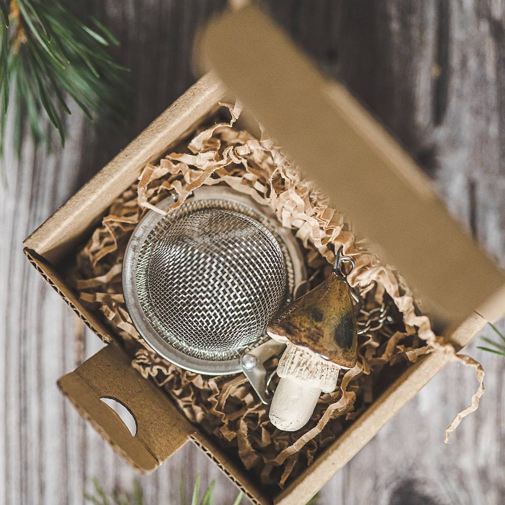 Tea infuser with ceramic brown mushroom hanging from the chain. Packed in a paper gift box.