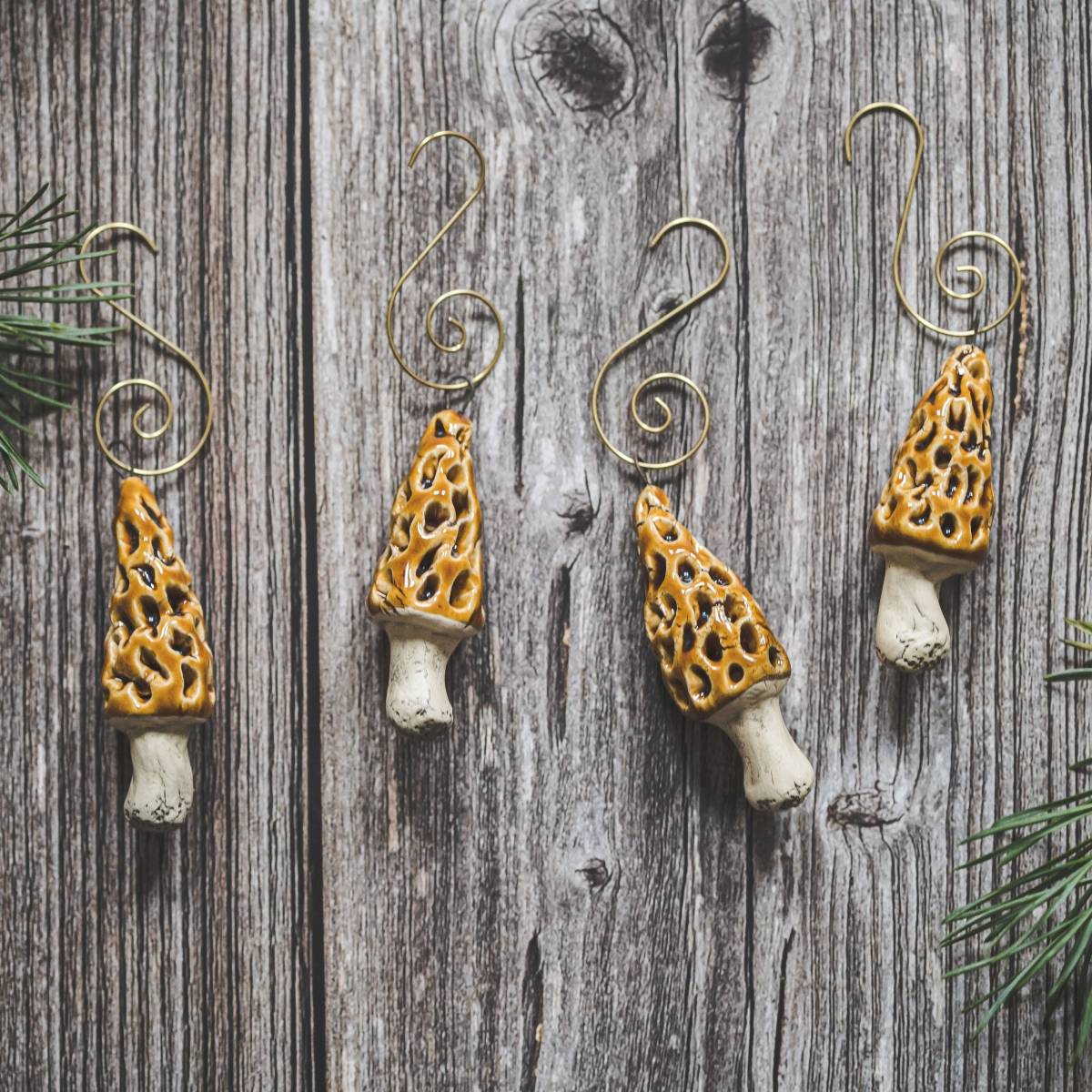 Christmas tree ornament set of four Morel mushrooms. Packed in a paper gift box.