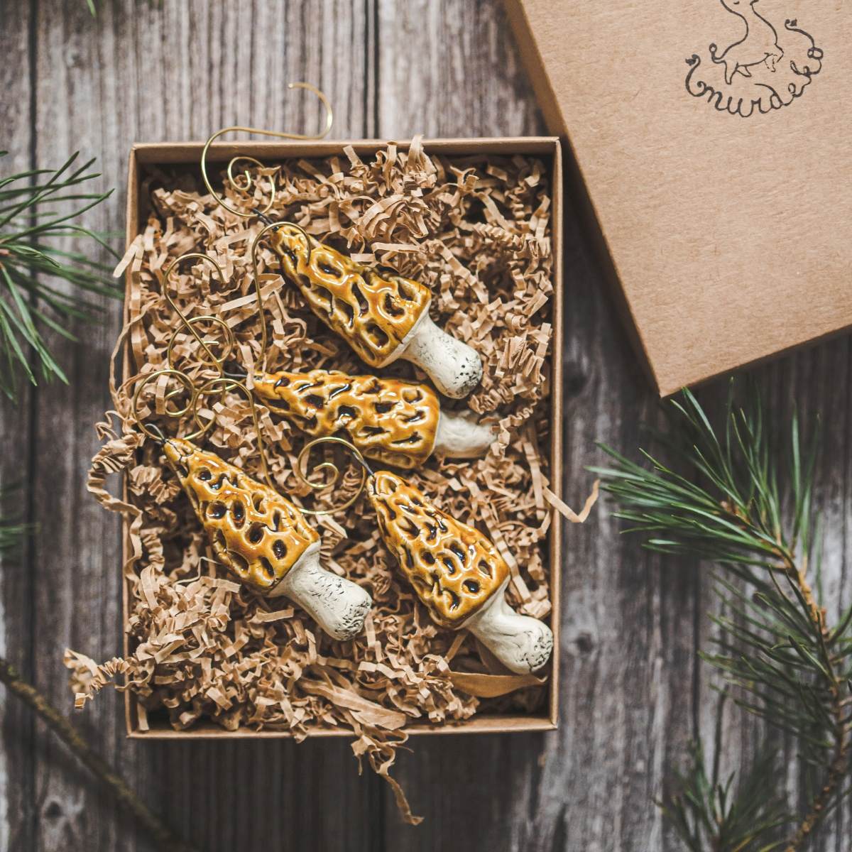 Christmas tree ornament set of four Morel mushrooms. Packed in a paper gift box.