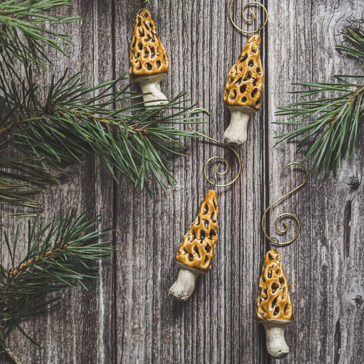 Christmas tree ornament set of four Morel mushrooms. Packed in a paper gift box.
