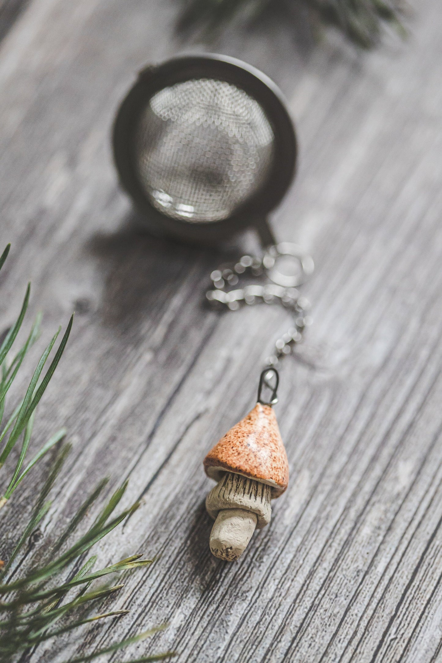 Loose leaf tea strainer with yellowish swamp mushroom - Mother's day gift - Herbal tea infuser with ceramic charm - Christmas gift