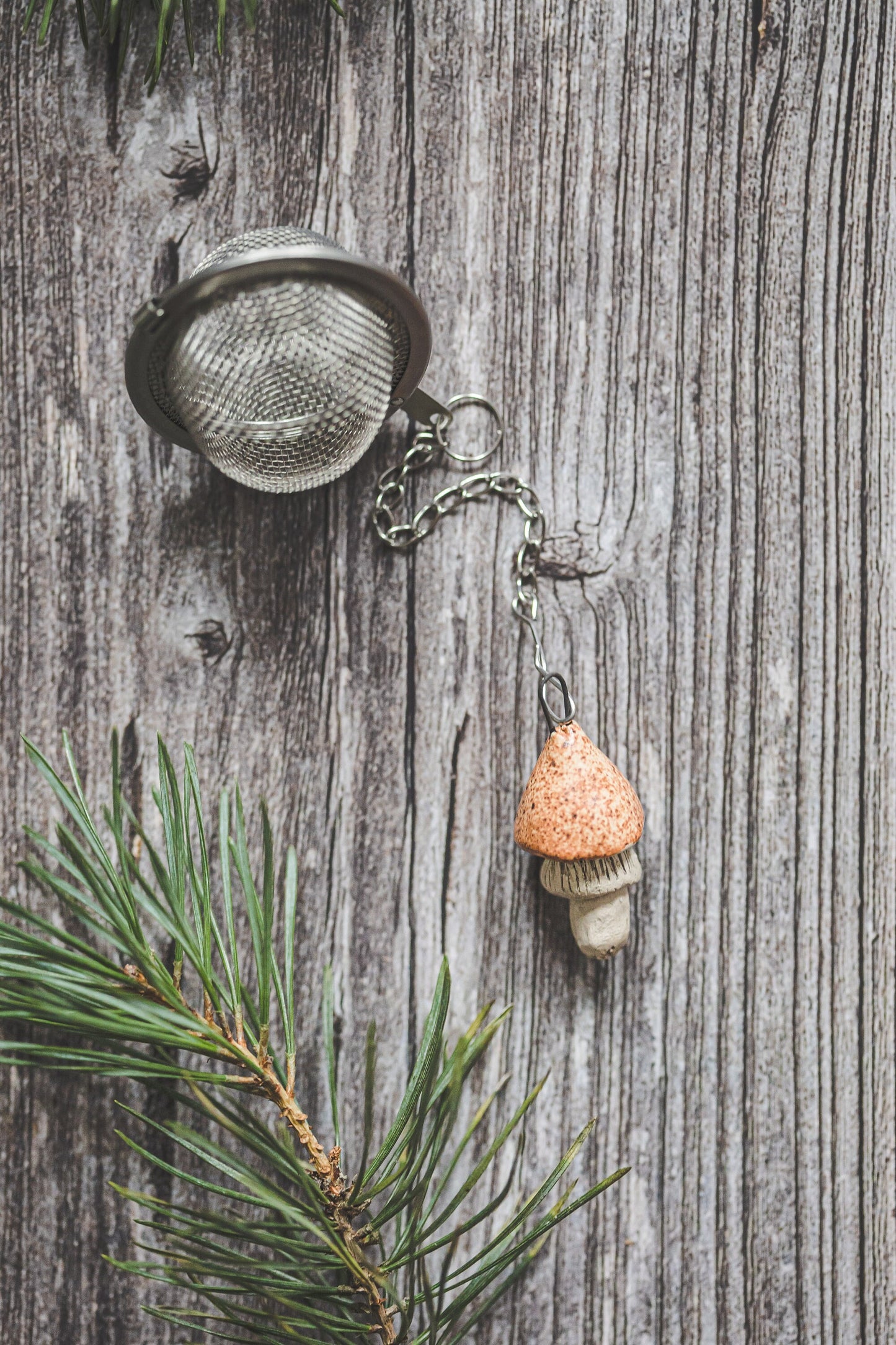 Loose leaf tea strainer with yellowish swamp mushroom - Mother's day gift - Herbal tea infuser with ceramic charm - Christmas gift