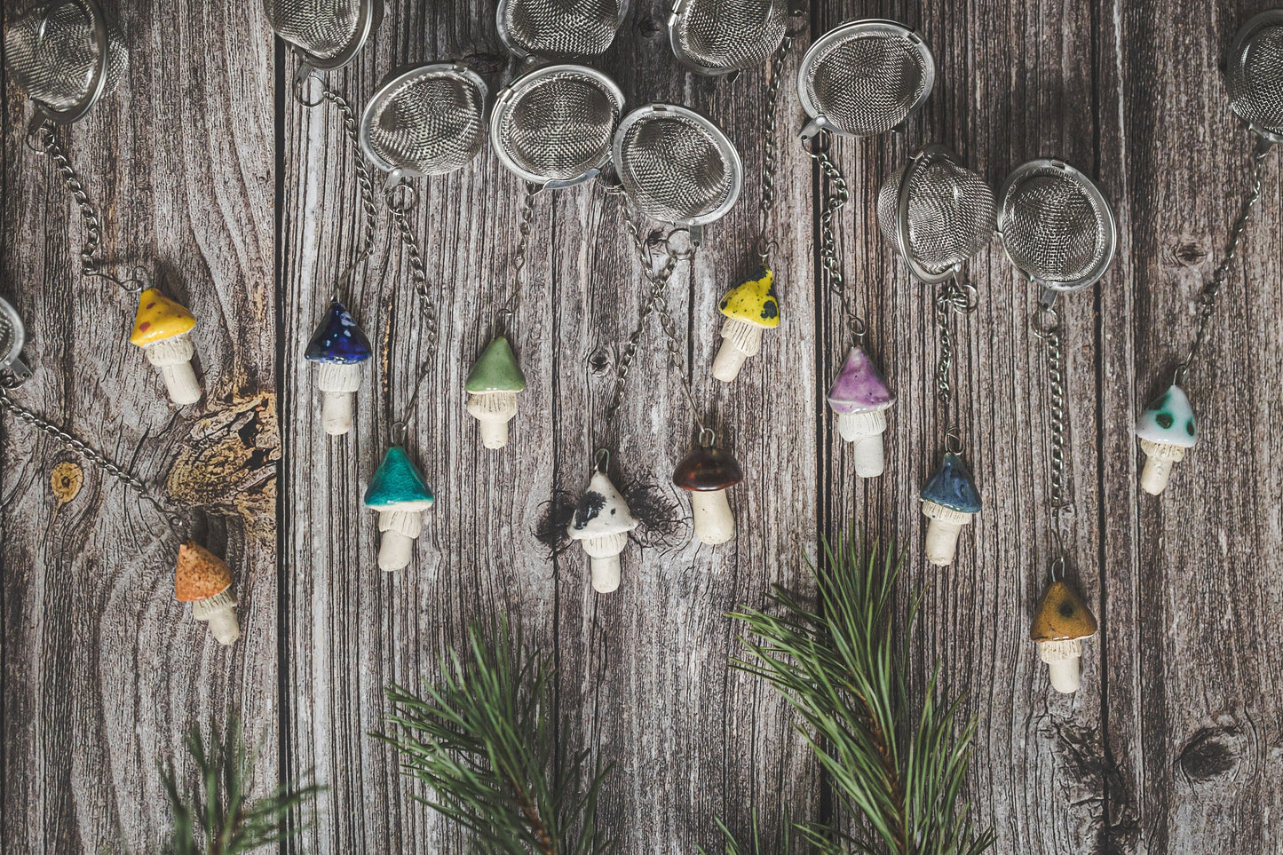 Tea strainer with ceramic white dotted mushroom - Loose leaf tea infuser with mushroom charm - Christmas gift