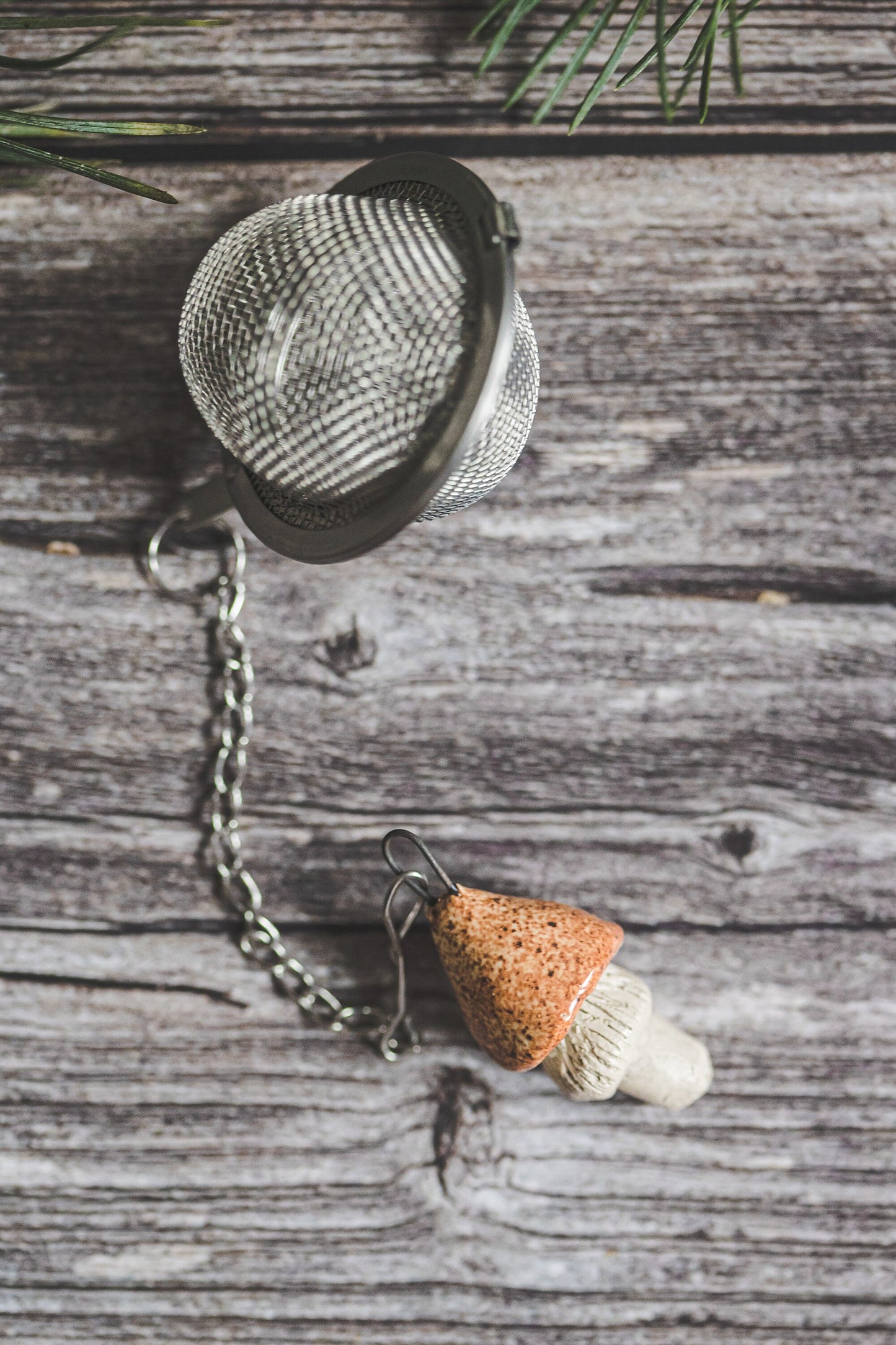 Loose leaf tea strainer with yellowish swamp mushroom - Mother's day gift - Herbal tea infuser with ceramic charm - Christmas gift